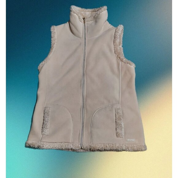 Calvin Klein Full Zip Vest Jacket Women  Size Large Tan Fleece Reversible - Picture 1 of 16